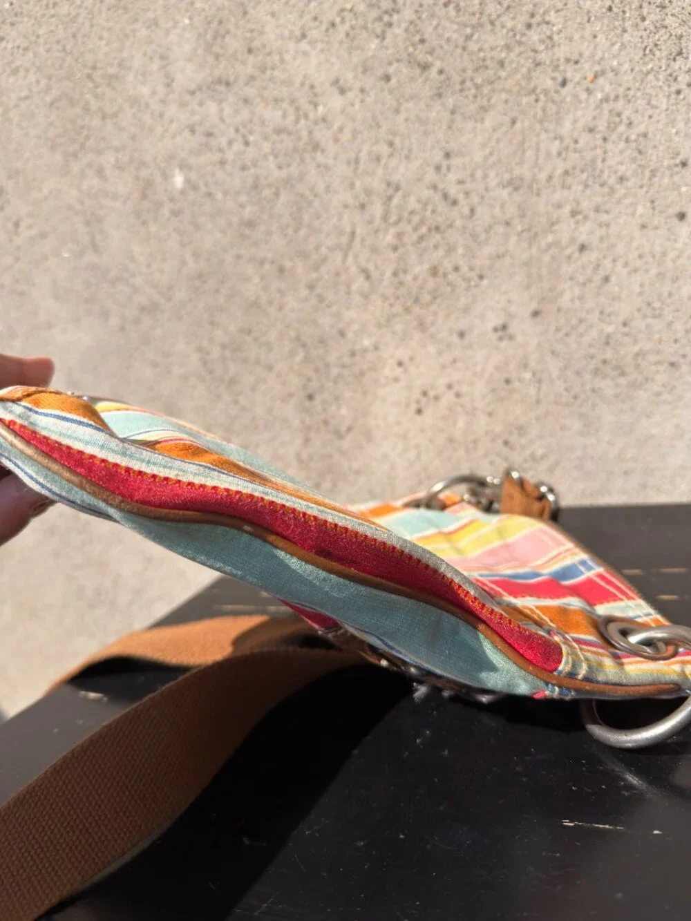 FOSSIL COLORFUL STRIPED CANVAS CROSSBODY SHOULDER BAG PURSE LEATHER TRIM
